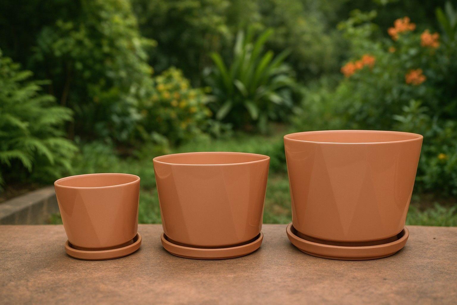Set De 3 Maceteros Ceramica Con Plato Color Rosado Pink Edition -1