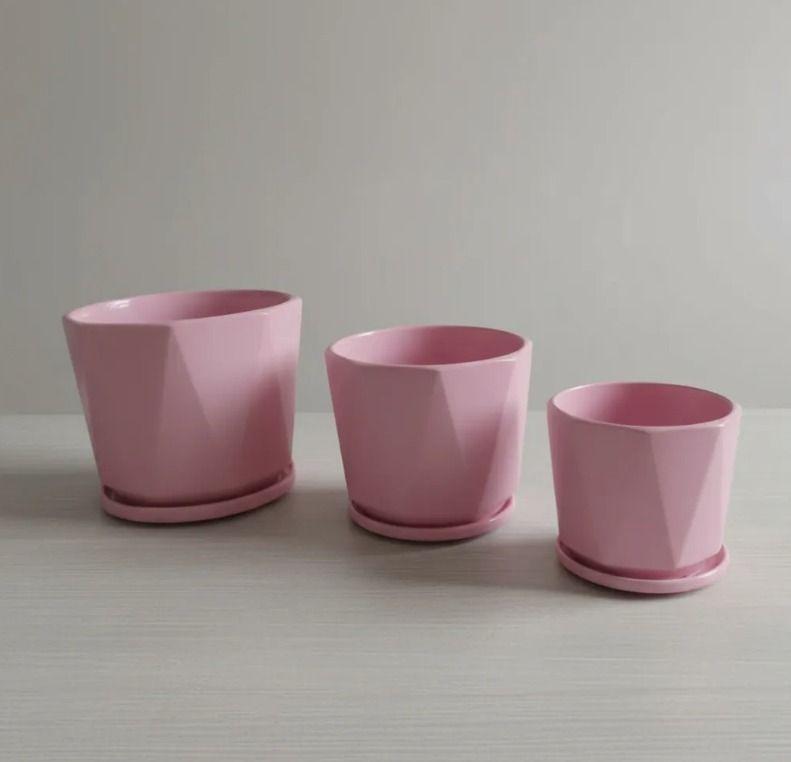 Set De 3 Maceteros Ceramica Con Plato Color Rosado Pink Edition -2