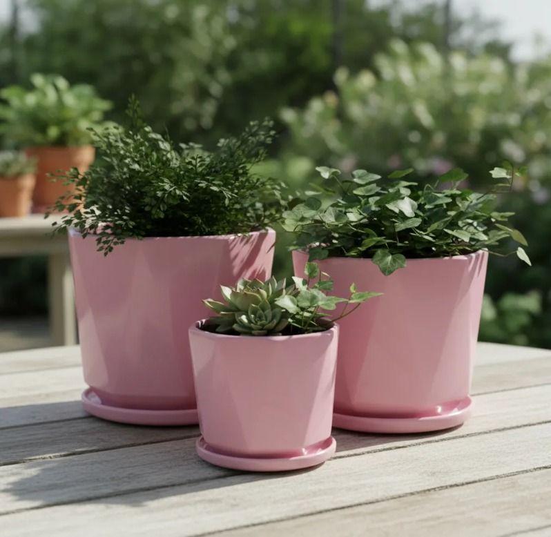 Set De 3 Maceteros Ceramica Con Plato Color Rosado Pink Edition -3