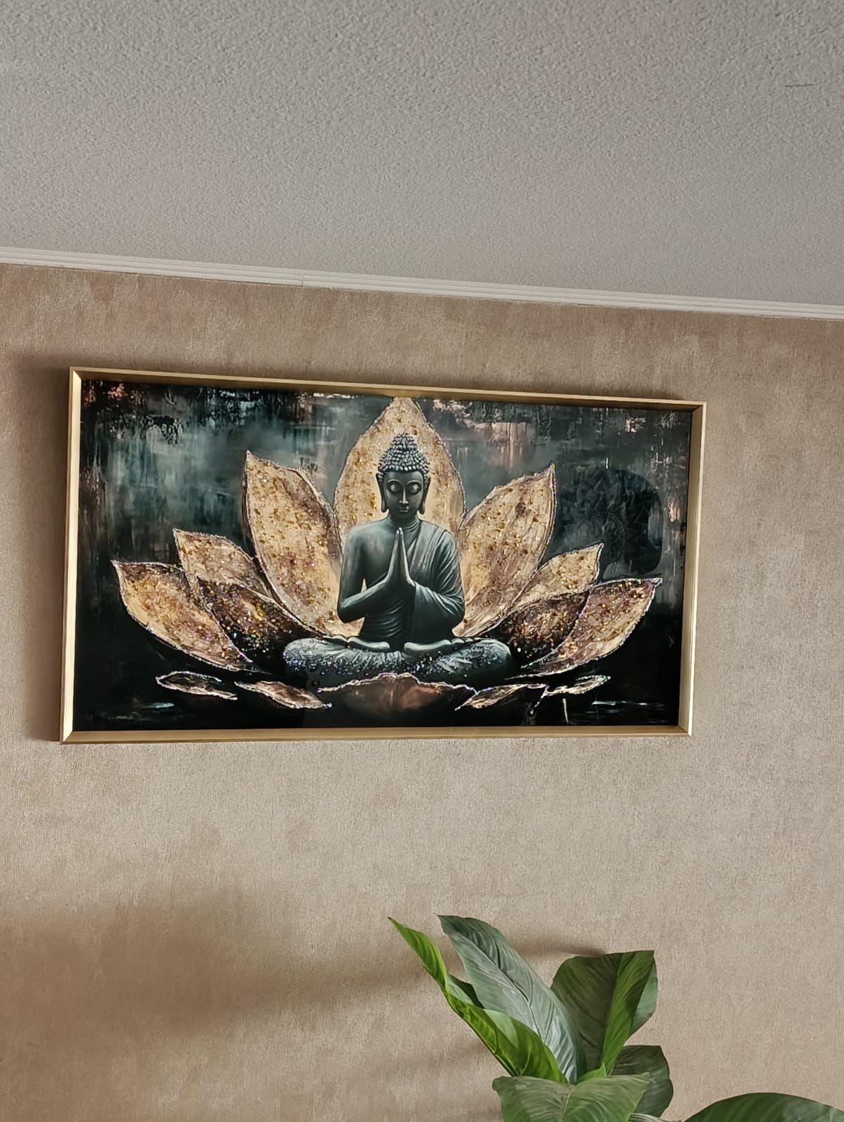 Cuadro Buda Loto Pintura Diamond, Marco Dorado 110x60x3cm-3