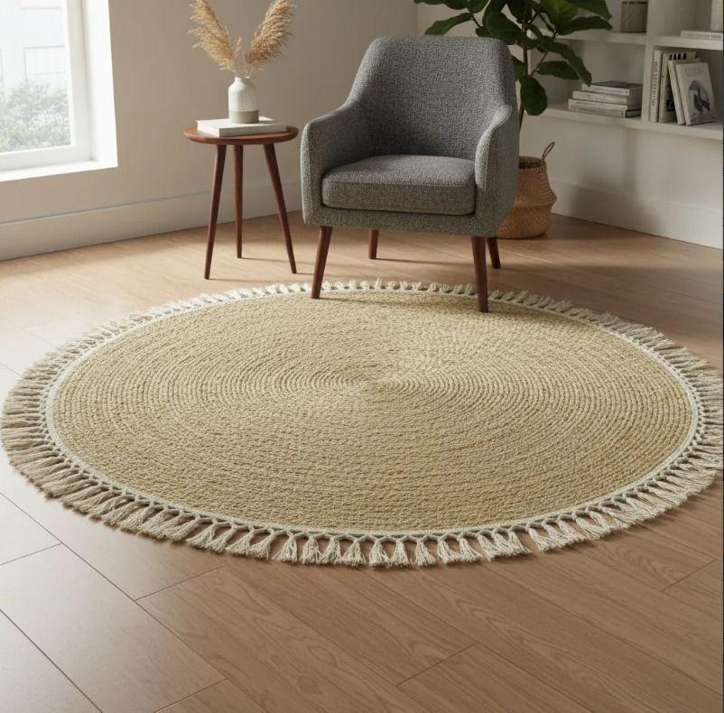 Alfombra Yute 120 Cm Color Natural, Con Flecos Blancos.-0