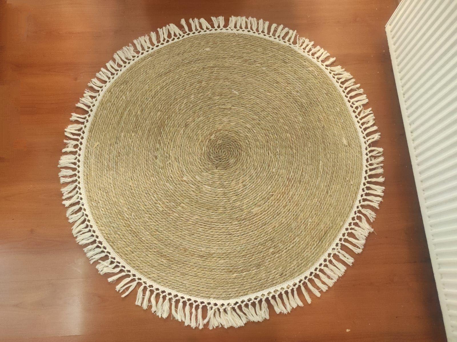 Alfombra Yute 120 Cm Color Natural, Con Flecos Blancos.-1