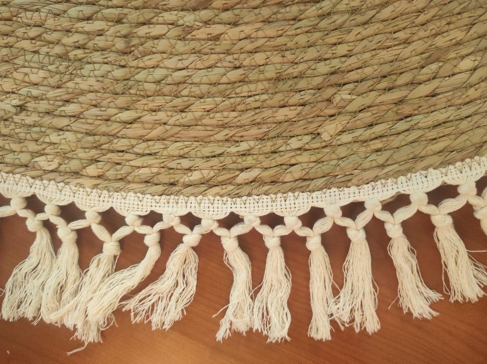 Alfombra Yute 120 Cm Color Natural, Con Flecos Blancos.-2