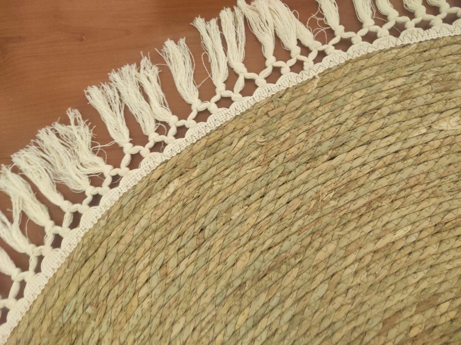 Alfombra Yute 120 Cm Color Natural, Con Flecos Blancos.-3