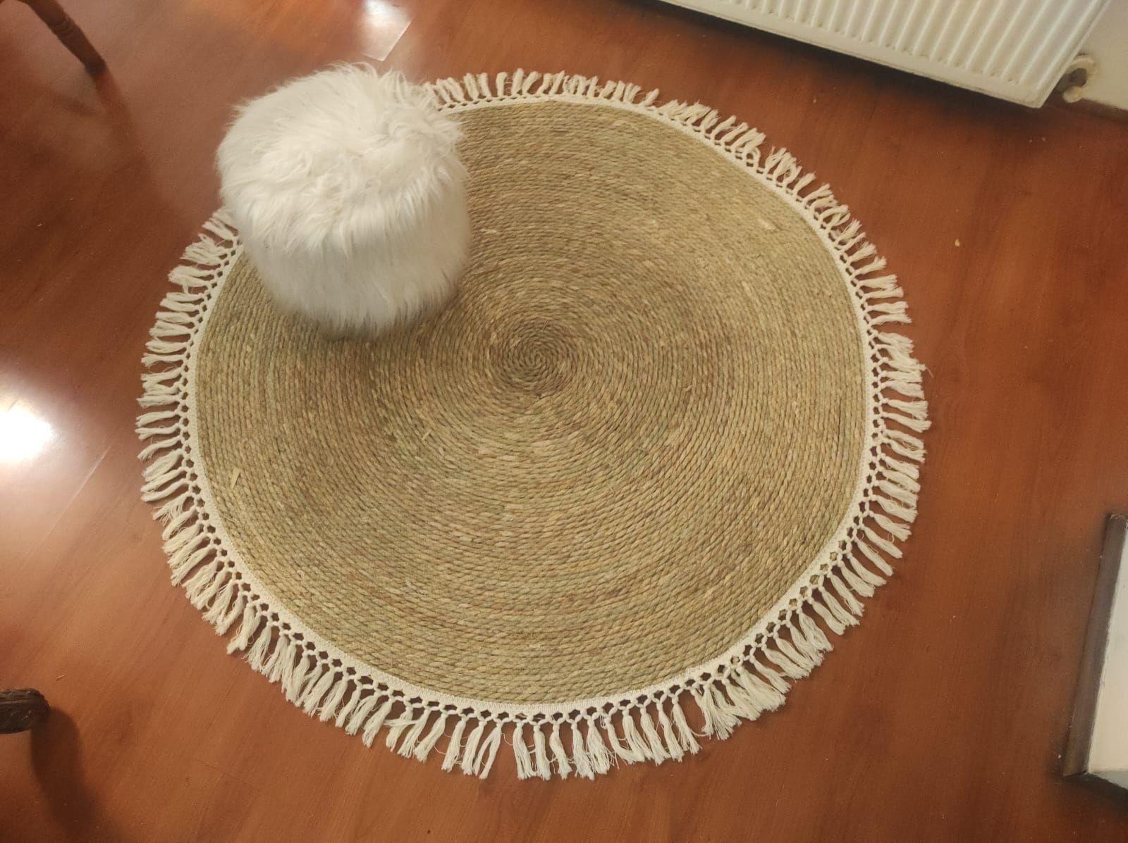 Alfombra Yute 120 Cm Color Natural, Con Flecos Blancos.-4