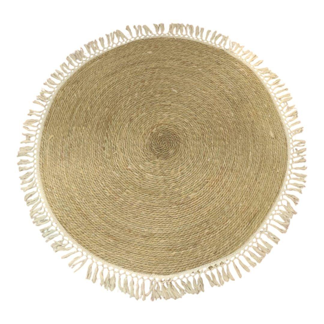 Alfombra Yute 120 Cm Color Natural, Con Flecos Blancos.-5