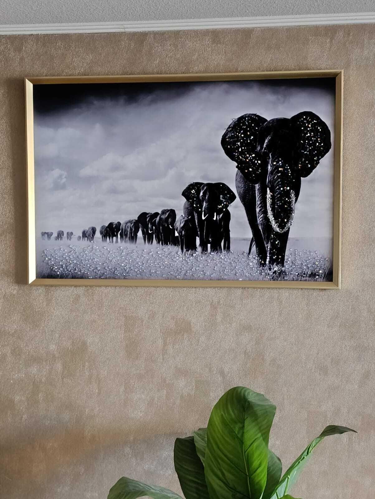 Cuadro Elefantes Manada, Pintura Diamond, Marco dororado 91x61x3cm-2