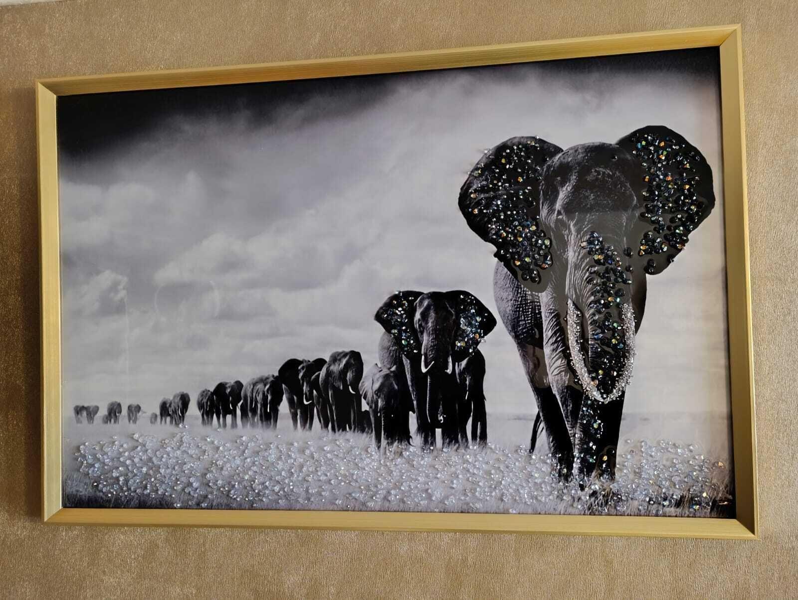 Cuadro Elefantes Manada, Pintura Diamond, Marco dororado 91x61x3cm-3