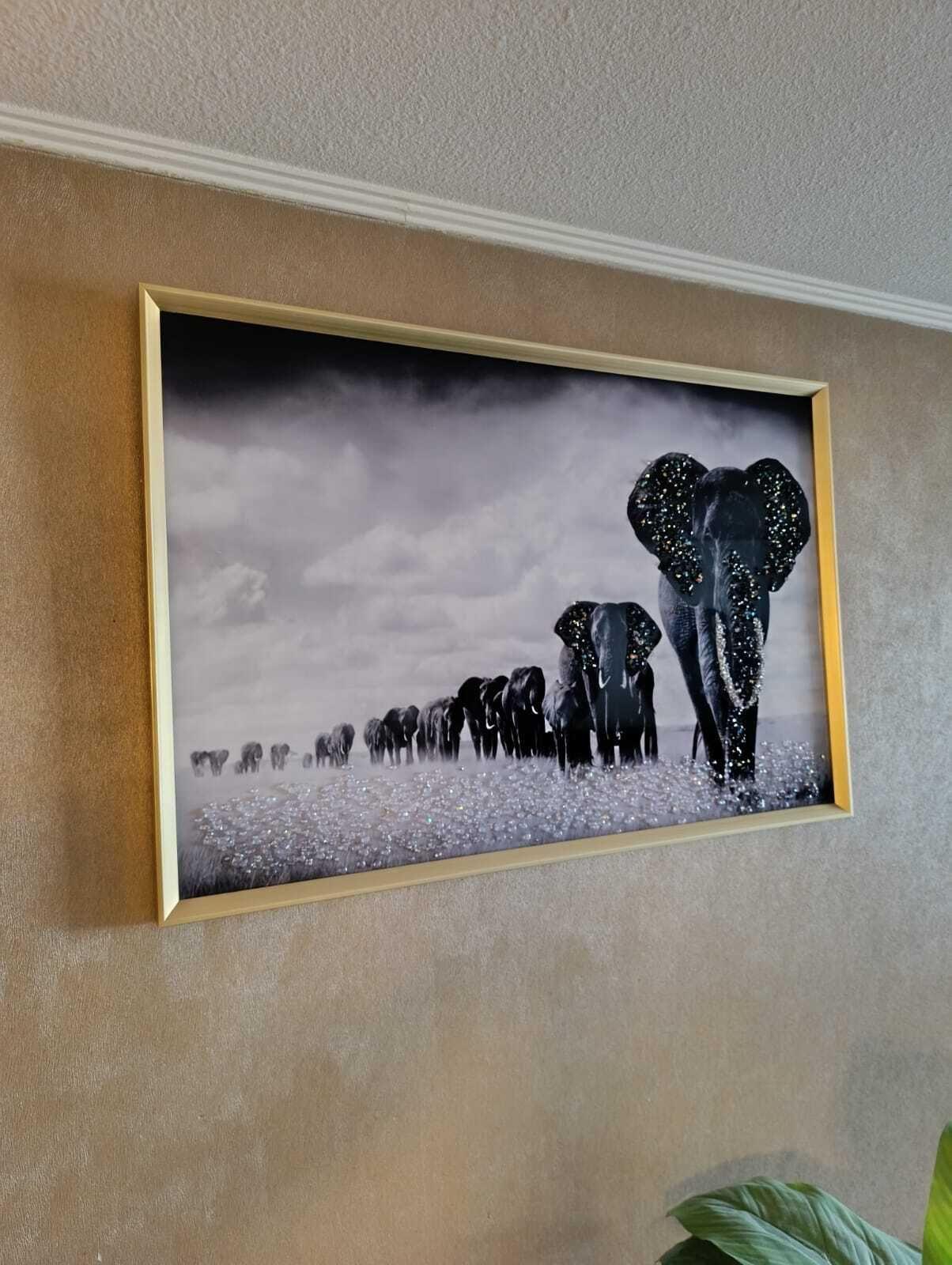 Cuadro Elefantes Manada, Pintura Diamond, Marco dororado 91x61x3cm-4