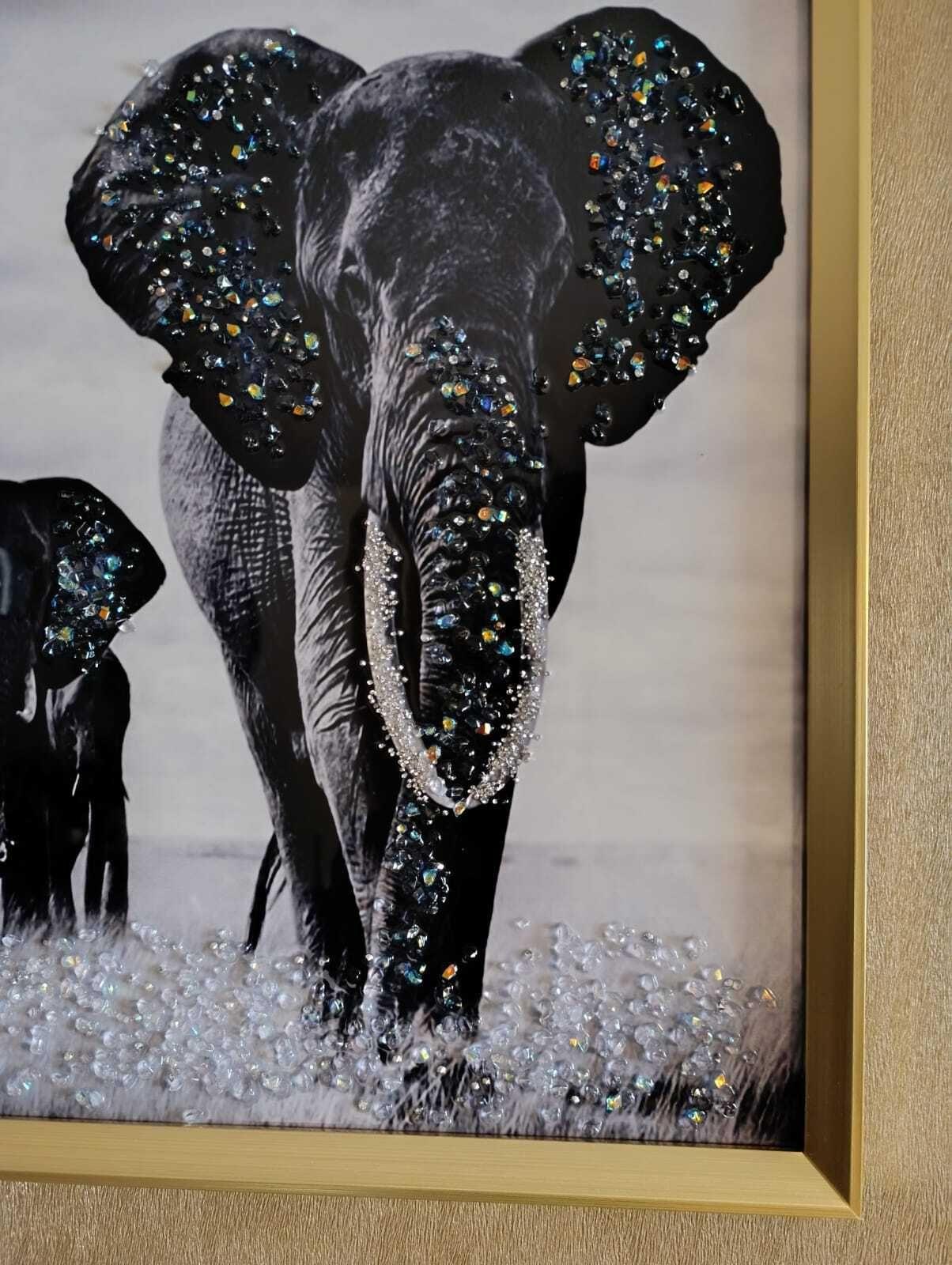 Cuadro Elefantes Manada, Pintura Diamond, Marco dororado 91x61x3cm-5