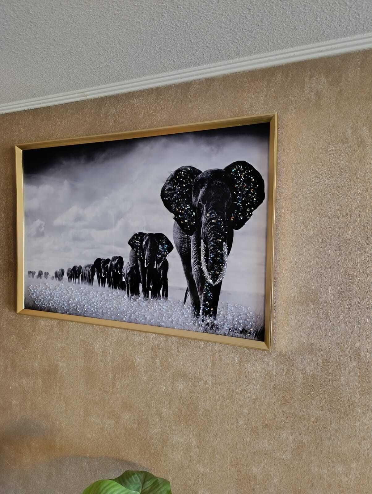 Cuadro Elefantes Manada, Pintura Diamond, Marco dororado 91x61x3cm-6