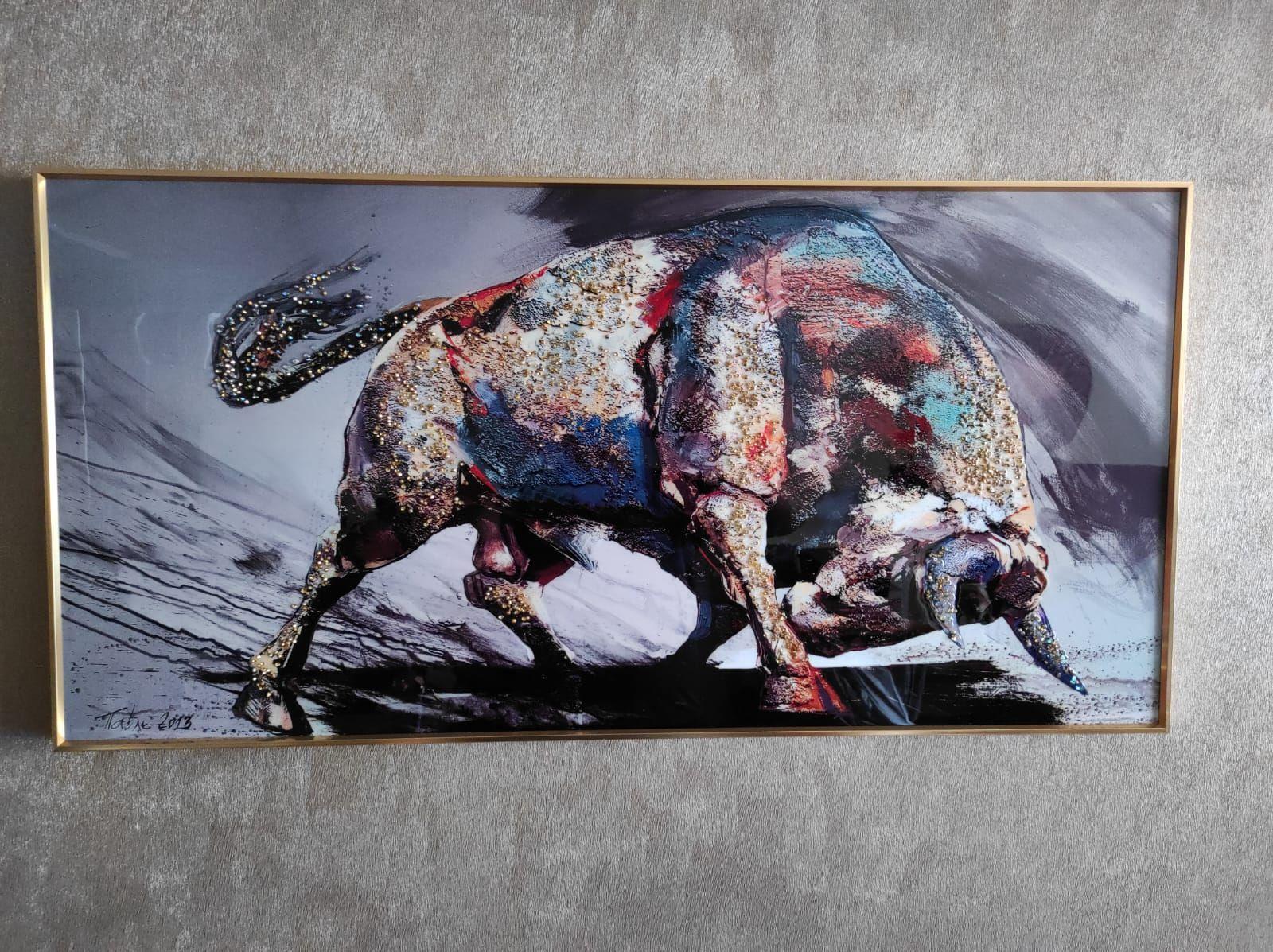 Cuadro Toro, Pintura 5d Relieve, Marco Metal Dorado50x100 Cm-5