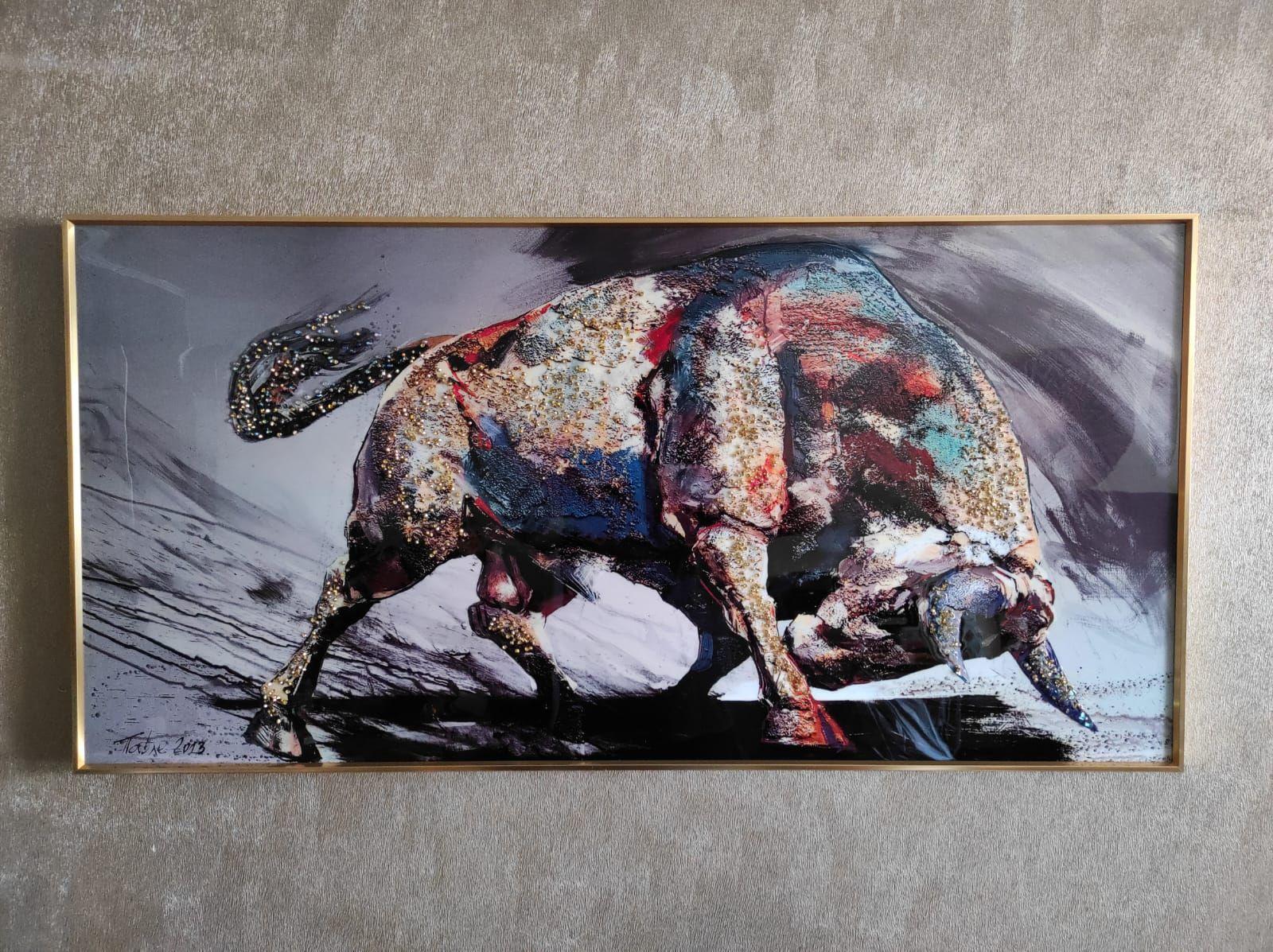 Cuadro Toro, Pintura 5d Relieve, Marco Metal Dorado50x100 Cm-6