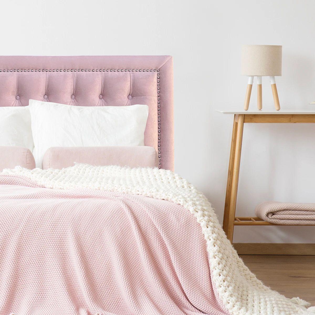 Respaldo de Cama Capitoné Frame Tachas Felpa Rosado Claro - Queen-0