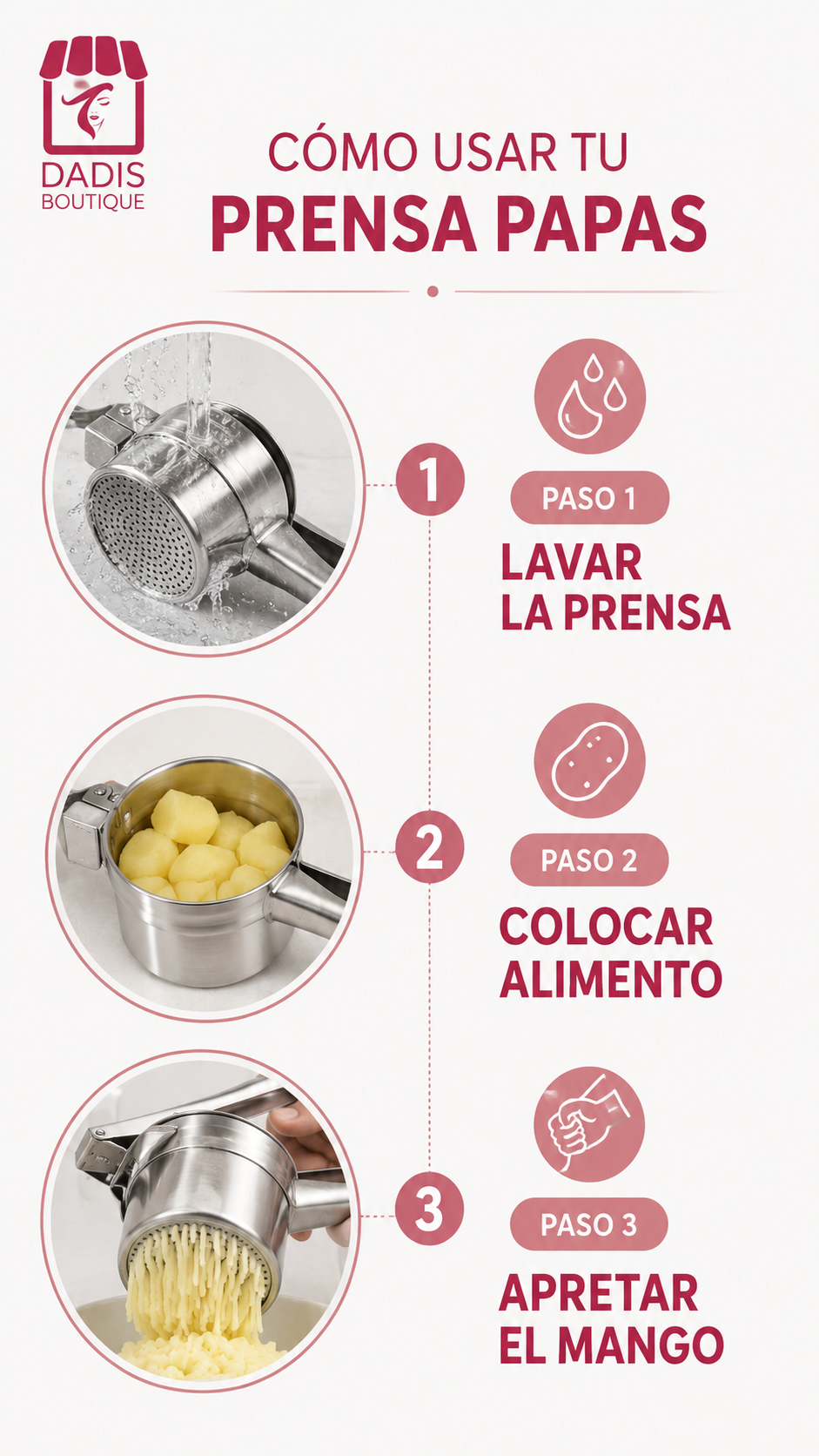 Prensa Papa Acero Inoxidable Machacador Puré Profesional Con Mango Metálico Anti-4