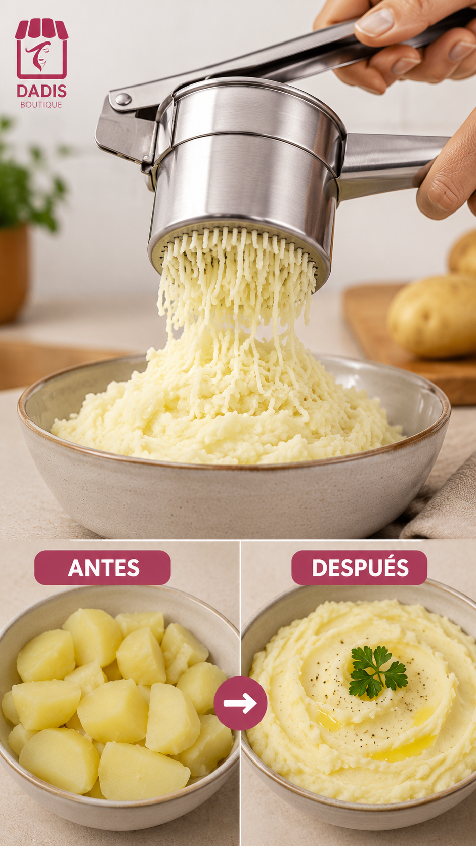 Prensa Papa Acero Inoxidable Machacador Puré Profesional Con Mango Metálico Anti-5