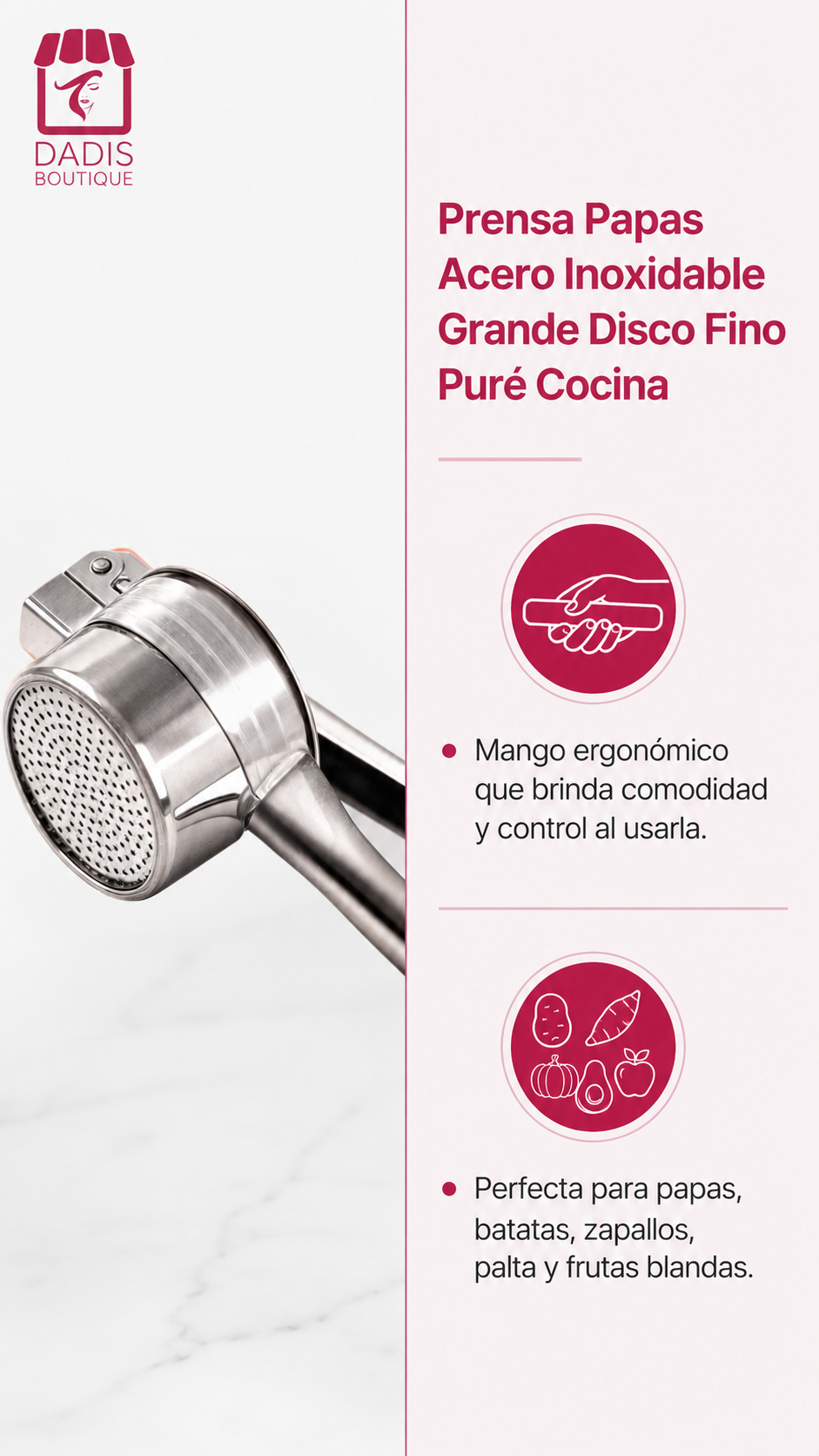 Prensa Papa Acero Inoxidable Machacador Puré Profesional Con Mango Metálico Anti-6