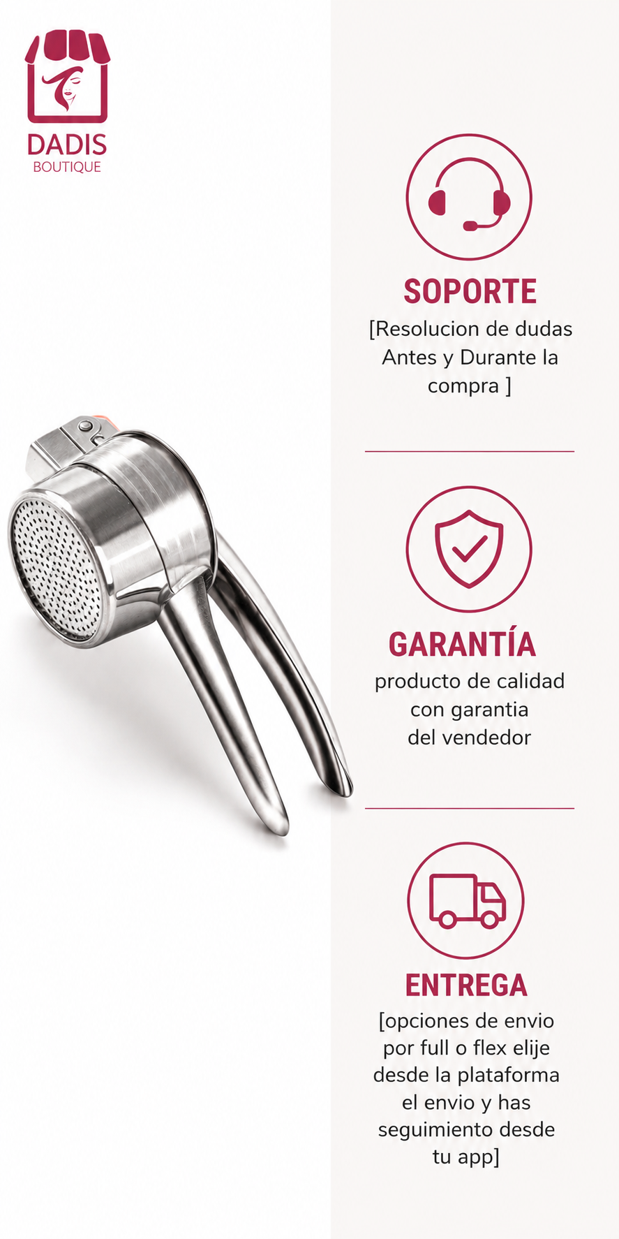 Prensa Papa Acero Inoxidable Machacador Puré Profesional Con Mango Metálico Anti-7