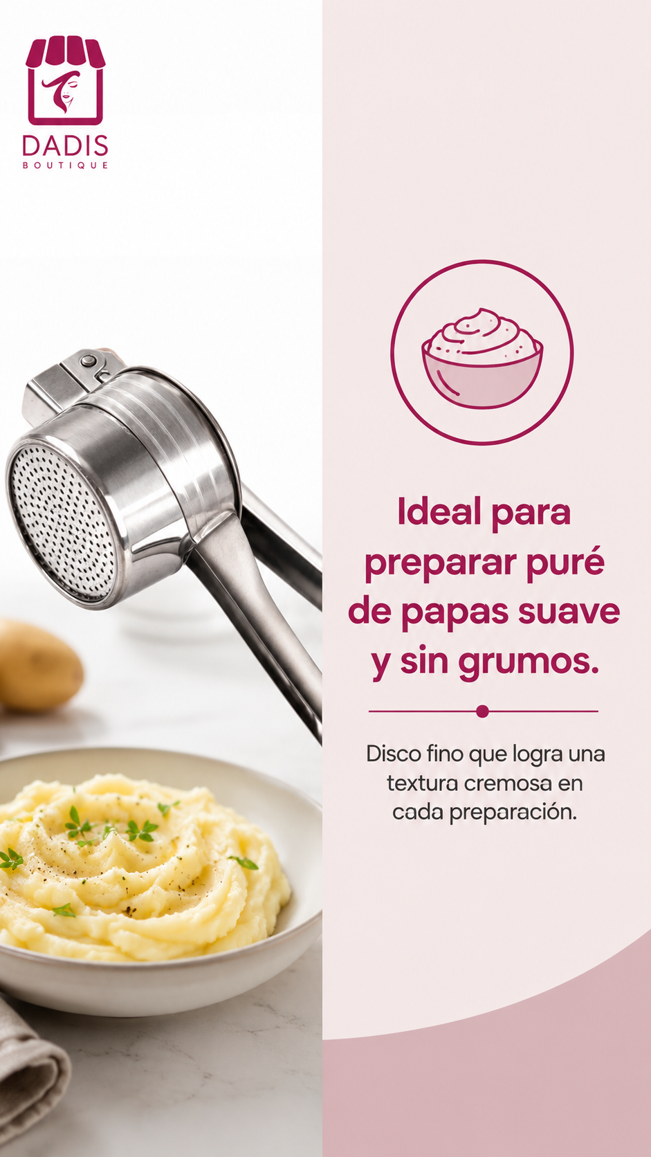 Prensa Papa Acero Inoxidable Machacador Puré Profesional Con Mango Metálico Anti-9