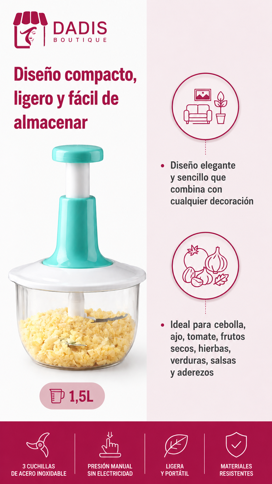 Picadora Manual Alimentos 1 5l Presion 3 Cuchillas Multiuso-2