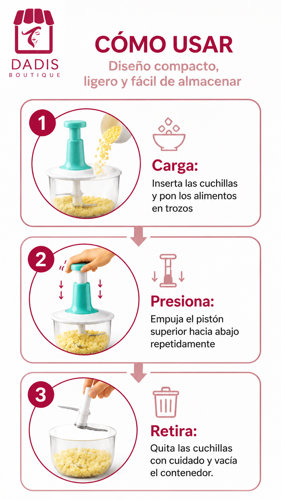 Picadora Manual Alimentos 1 5l Presion 3 Cuchillas Multiuso-6