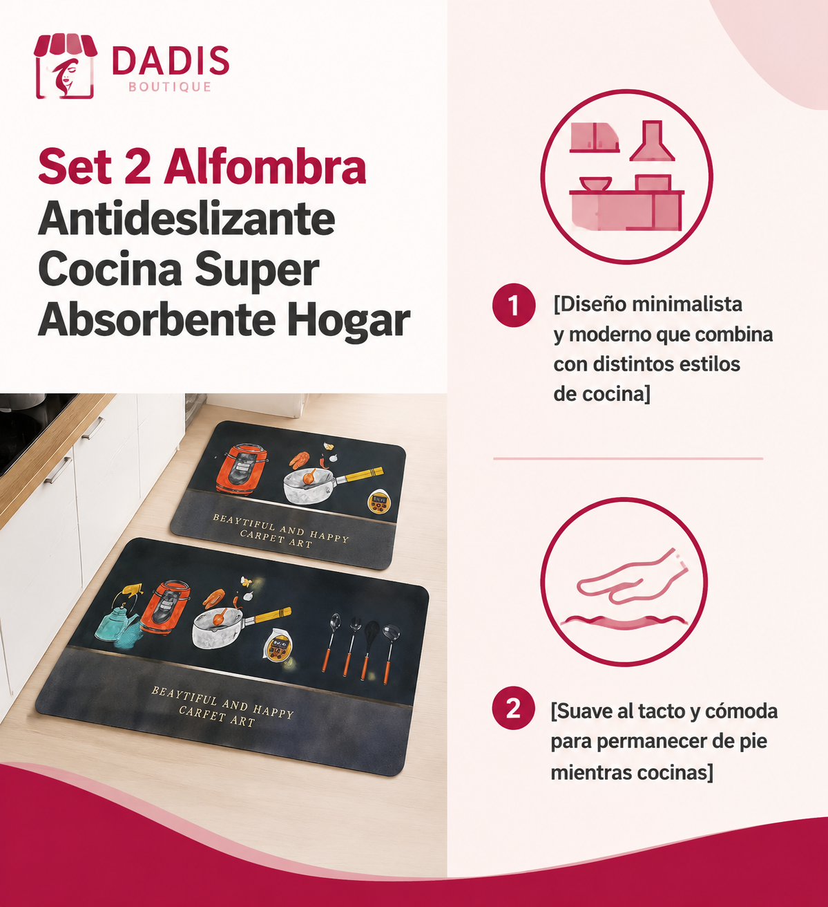 Set 2 Alfombra Antideslizante Cocina Super Absorbente Hogar-4