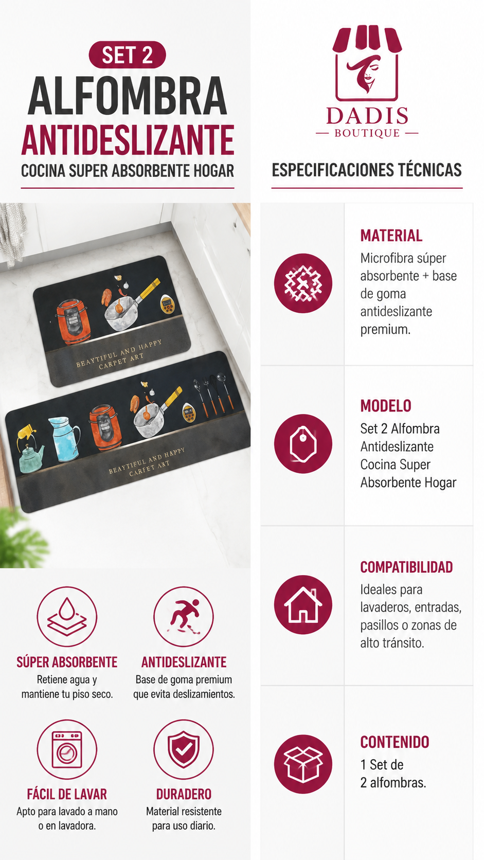Set 2 Alfombra Antideslizante Cocina Super Absorbente Hogar-7