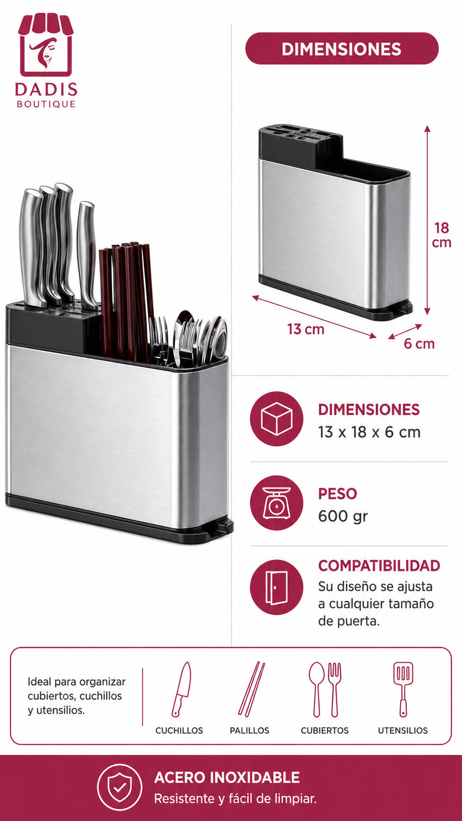 Porta Cubiertos Porta Cuchillo Escurridor Acero Inox-3