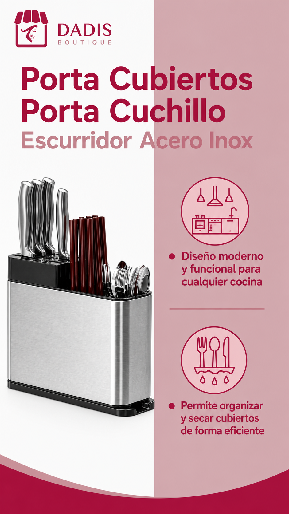 Porta Cubiertos Porta Cuchillo Escurridor Acero Inox-4
