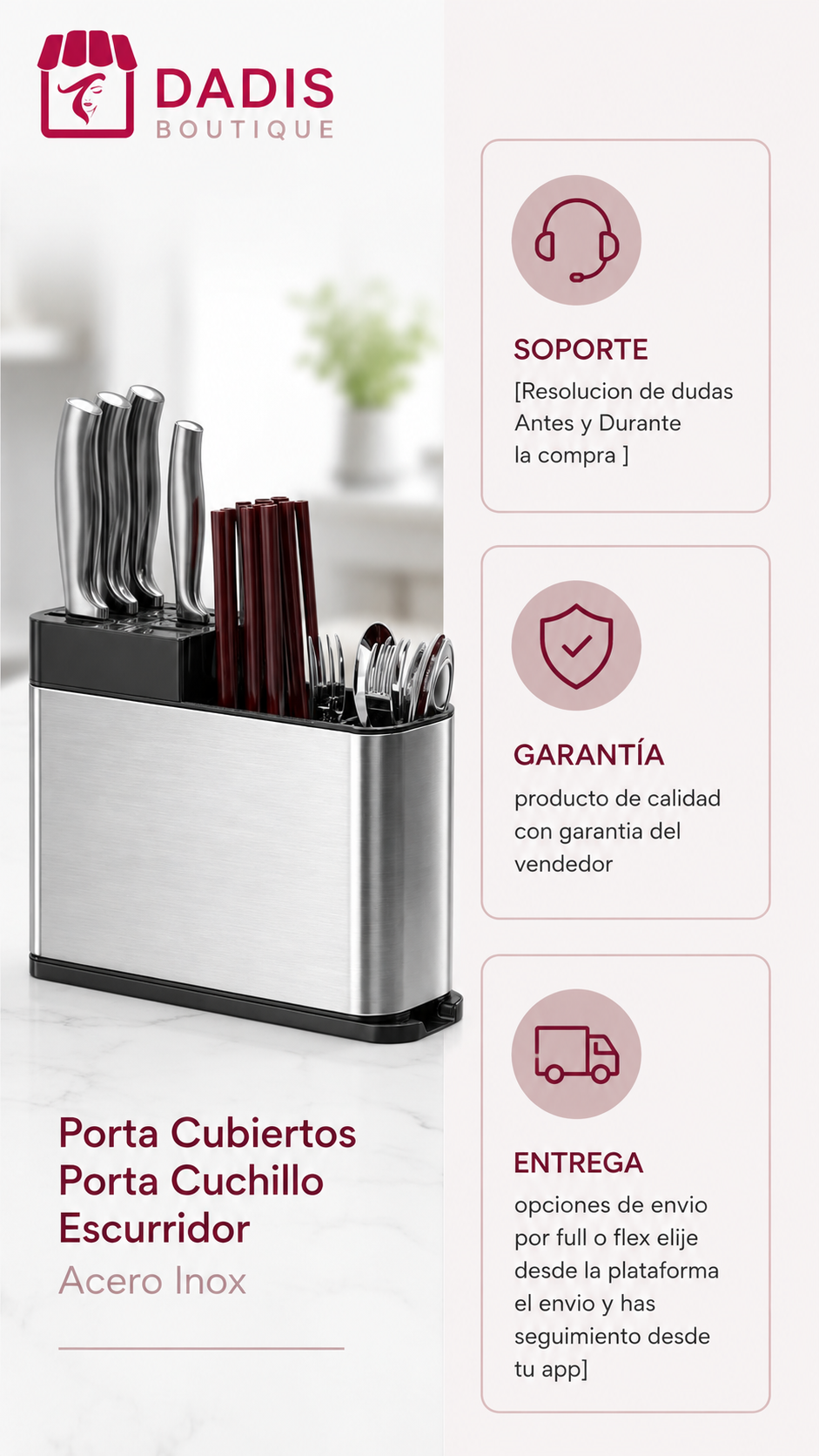 Porta Cubiertos Porta Cuchillo Escurridor Acero Inox-6