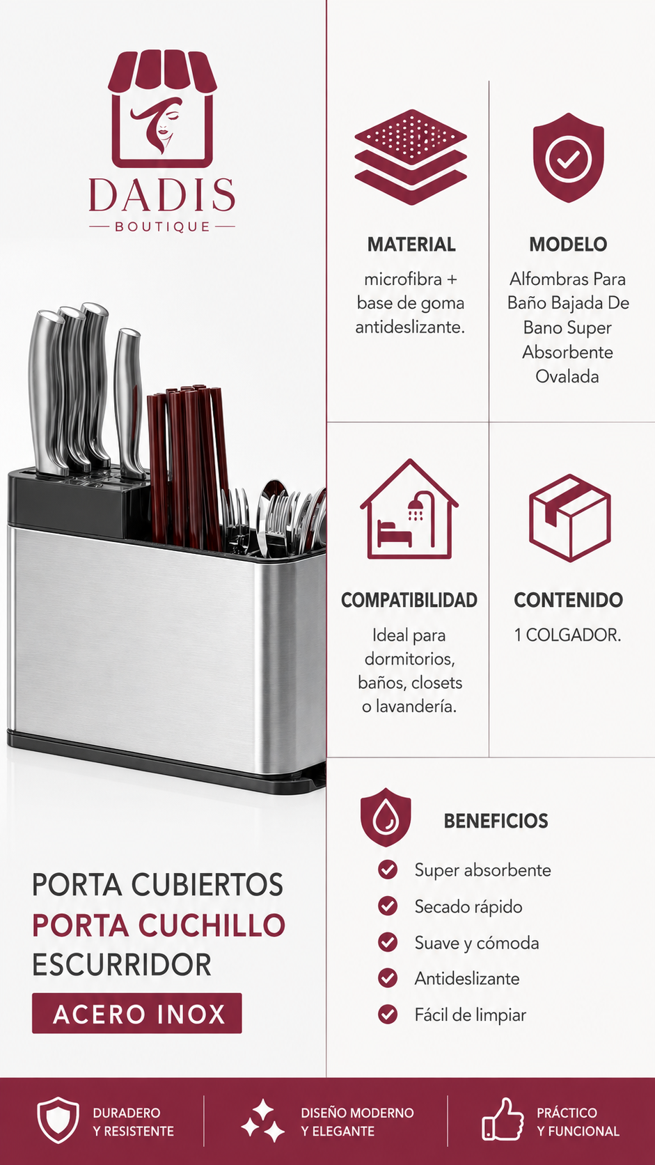Porta Cubiertos Porta Cuchillo Escurridor Acero Inox-7