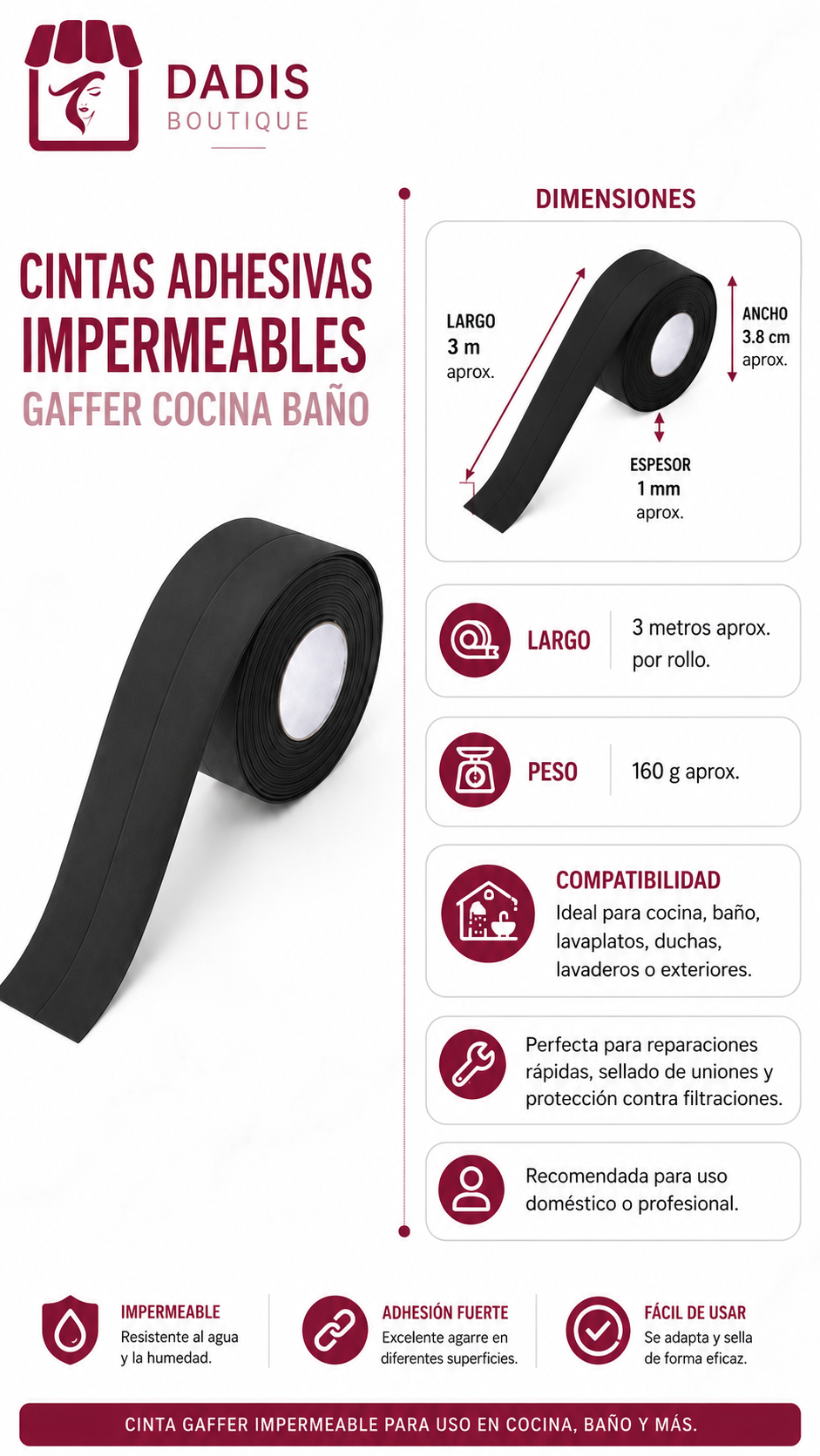 Cinta Gaffer Cinta Adhesiva Impermeable Cocina Ba o-3