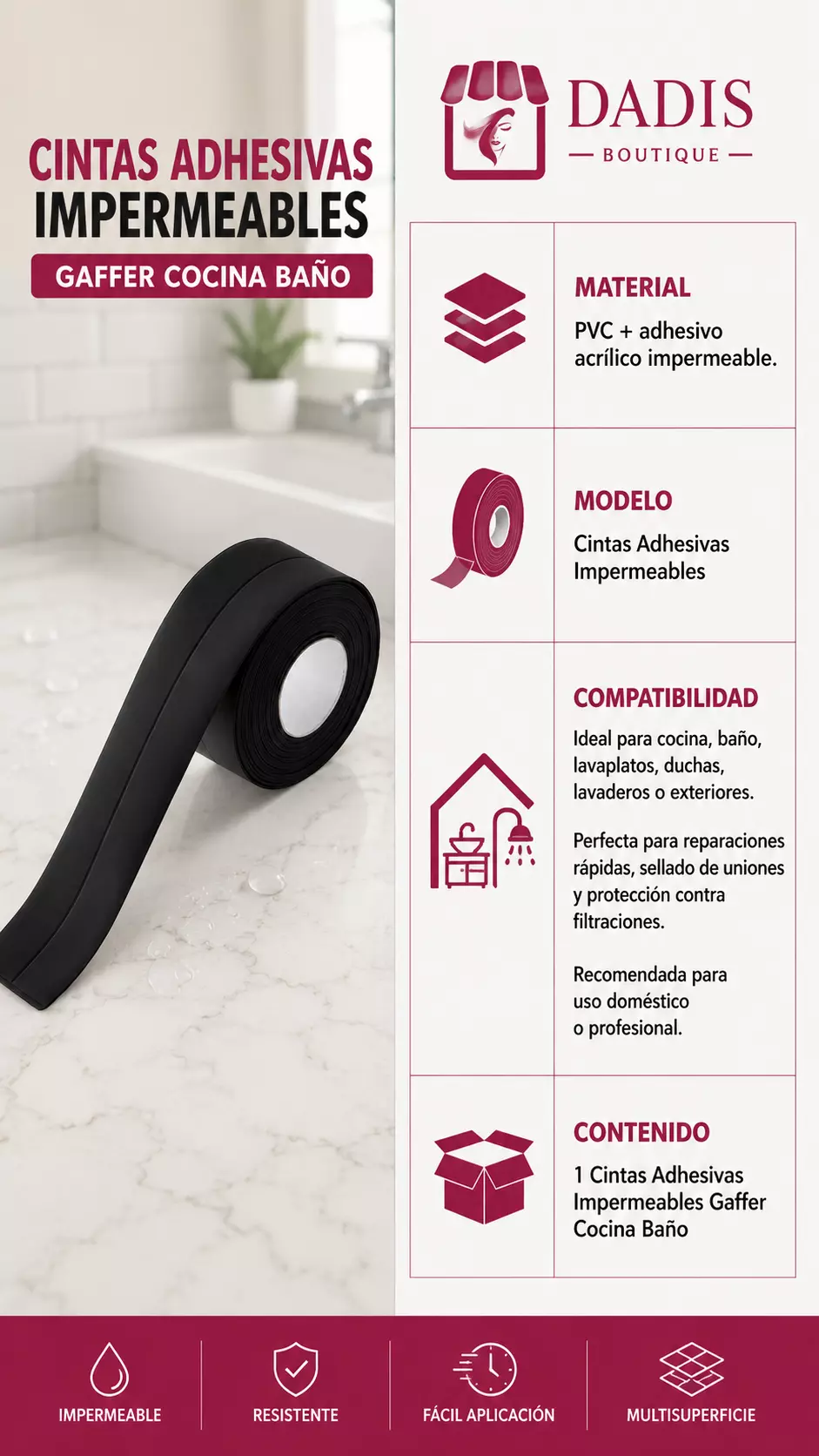 Cinta Adhesiva Impermeable Gaffer Selladora Cocina Baño-8