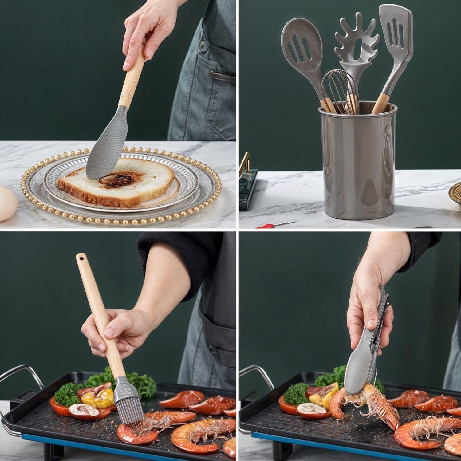 Kit 10 Utencilios Cocina Set Cucharones Utencilios Madera Silicona-4