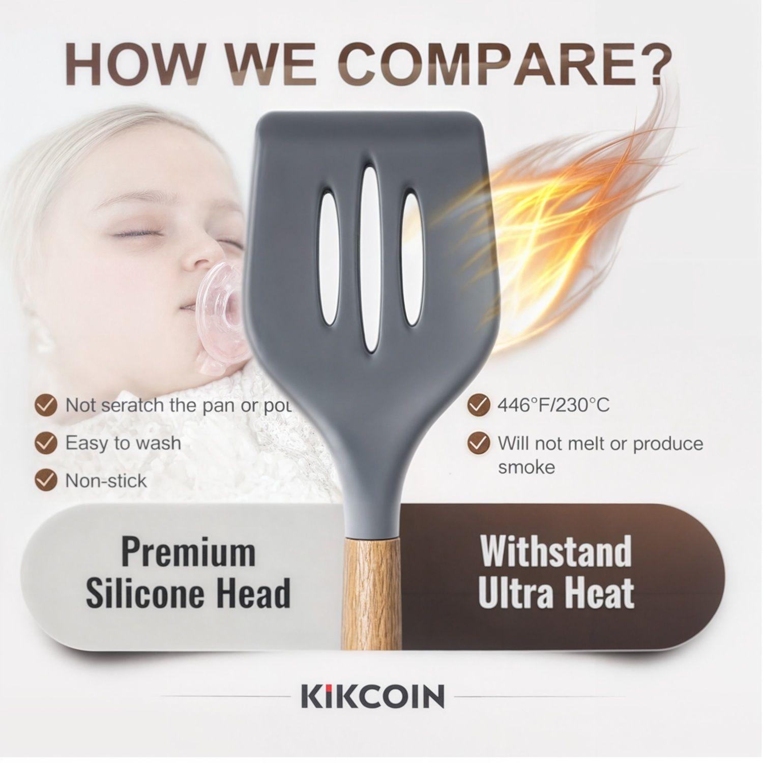 Kit 10 Utencilios Cocina Set Cucharones Utencilios Madera Silicona-5