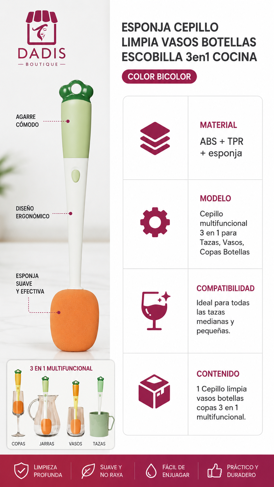 Esponja Cepillo Limpia VasoEscobilla limpia vasos cepillo limpia botellas 3 en 1-3