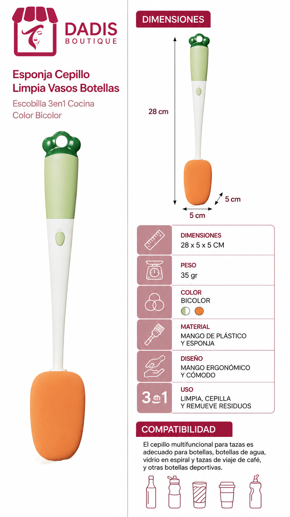Esponja Cepillo Limpia VasoEscobilla limpia vasos cepillo limpia botellas 3 en 1-6