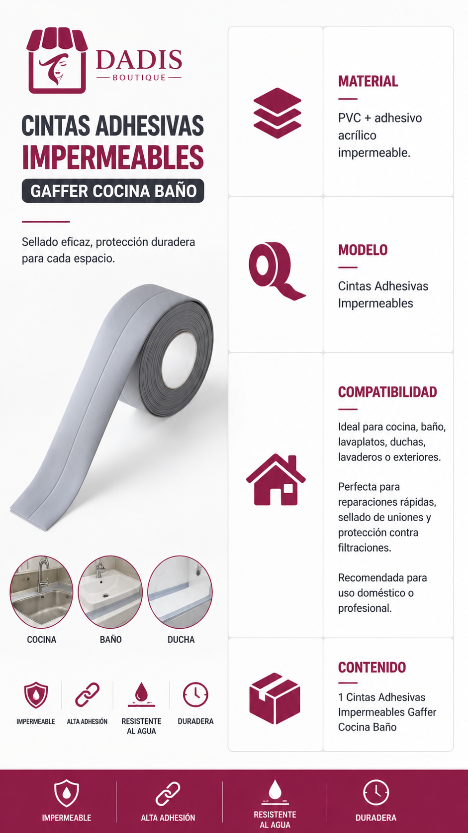 Cinta Gaffer Cinta Adhesiva Impermeable Cocina Baño-6