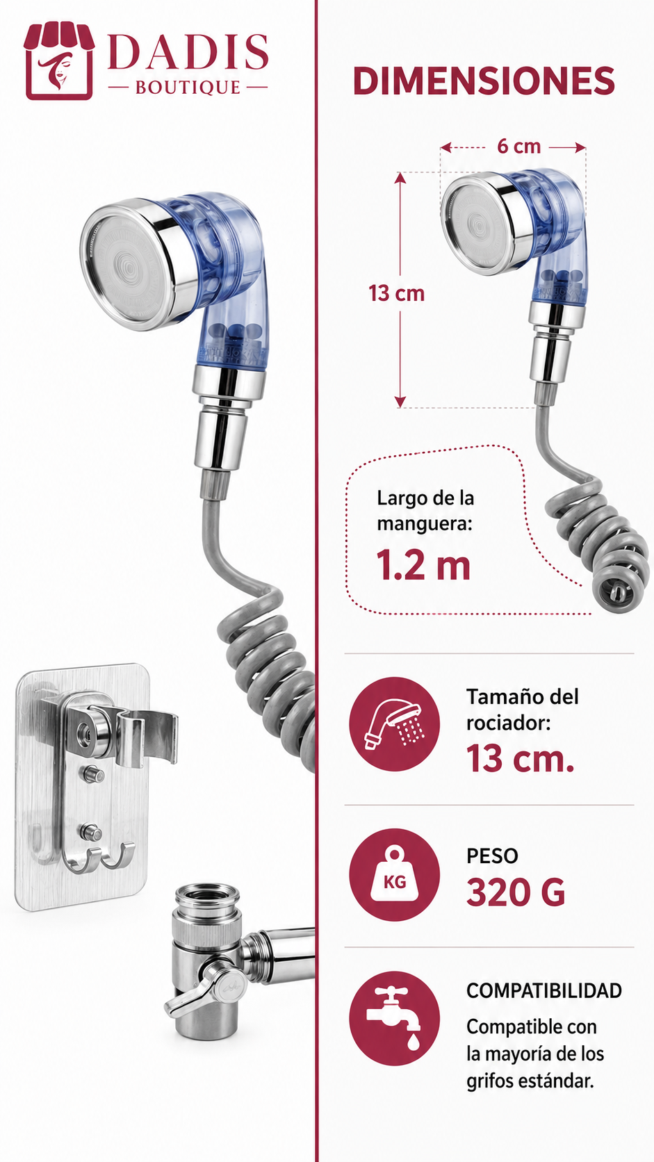 Ducha Auxiliar Para Grifo Universal con Bidé Portátil Azul y Manguera Extensible-2