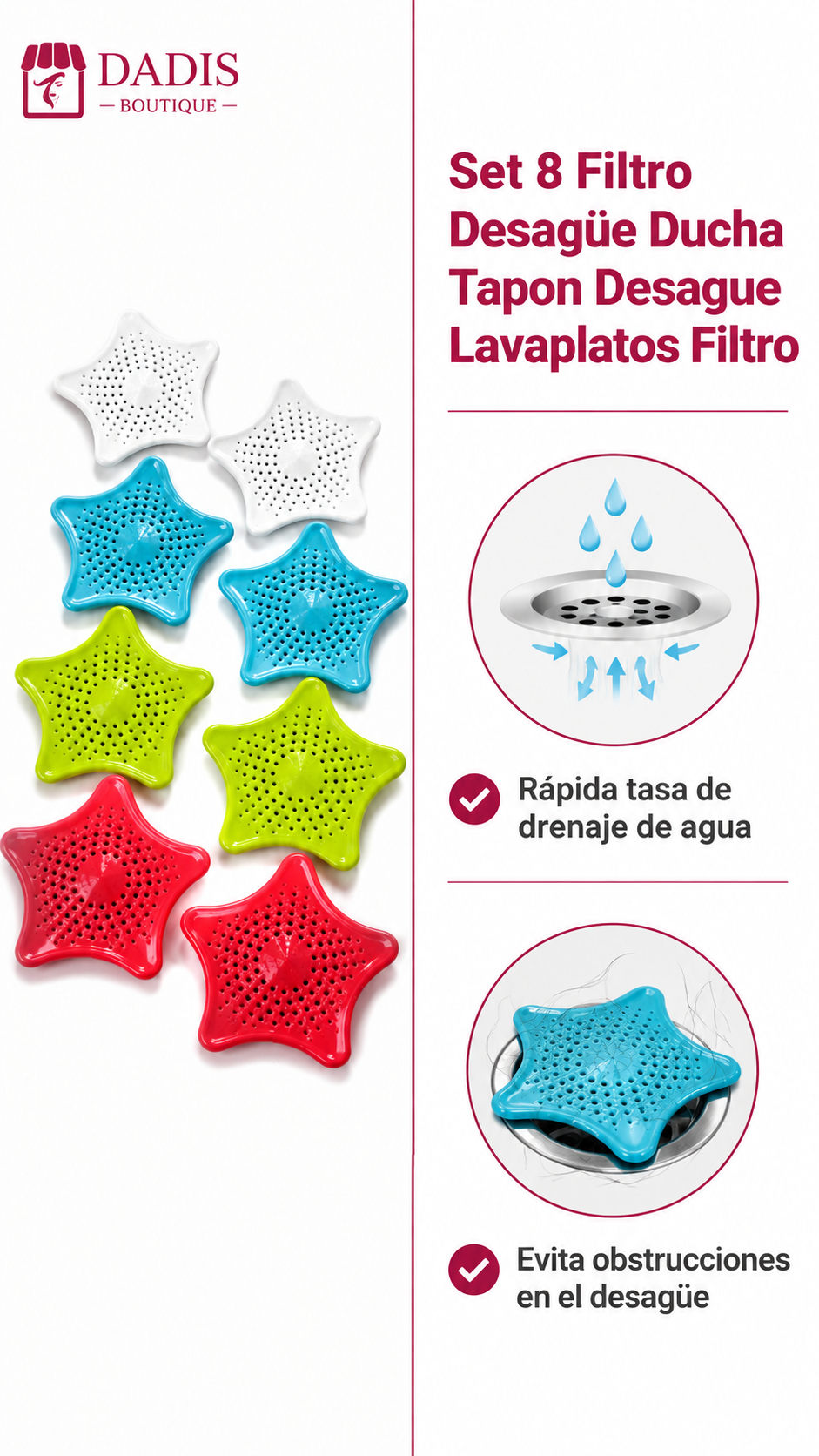 Set 8 Filtro Desague Ducha Tapon Desagüé Lavaplatos Filtro-4