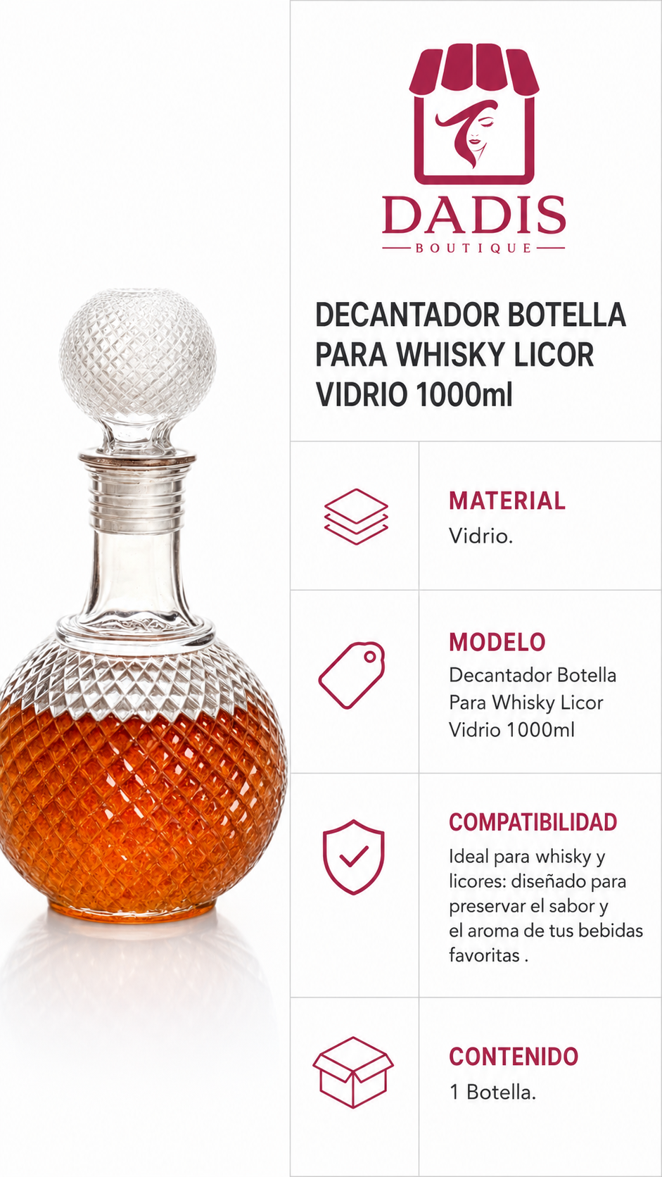 Decantador Botella Para Whisky Licor Vidrio 1000ml-3