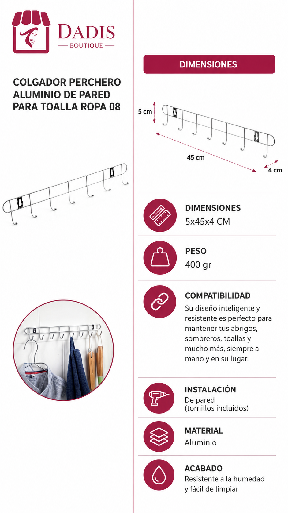 Colgador Perchero Aluminio De Pared Para Toalla Ropa 08-2