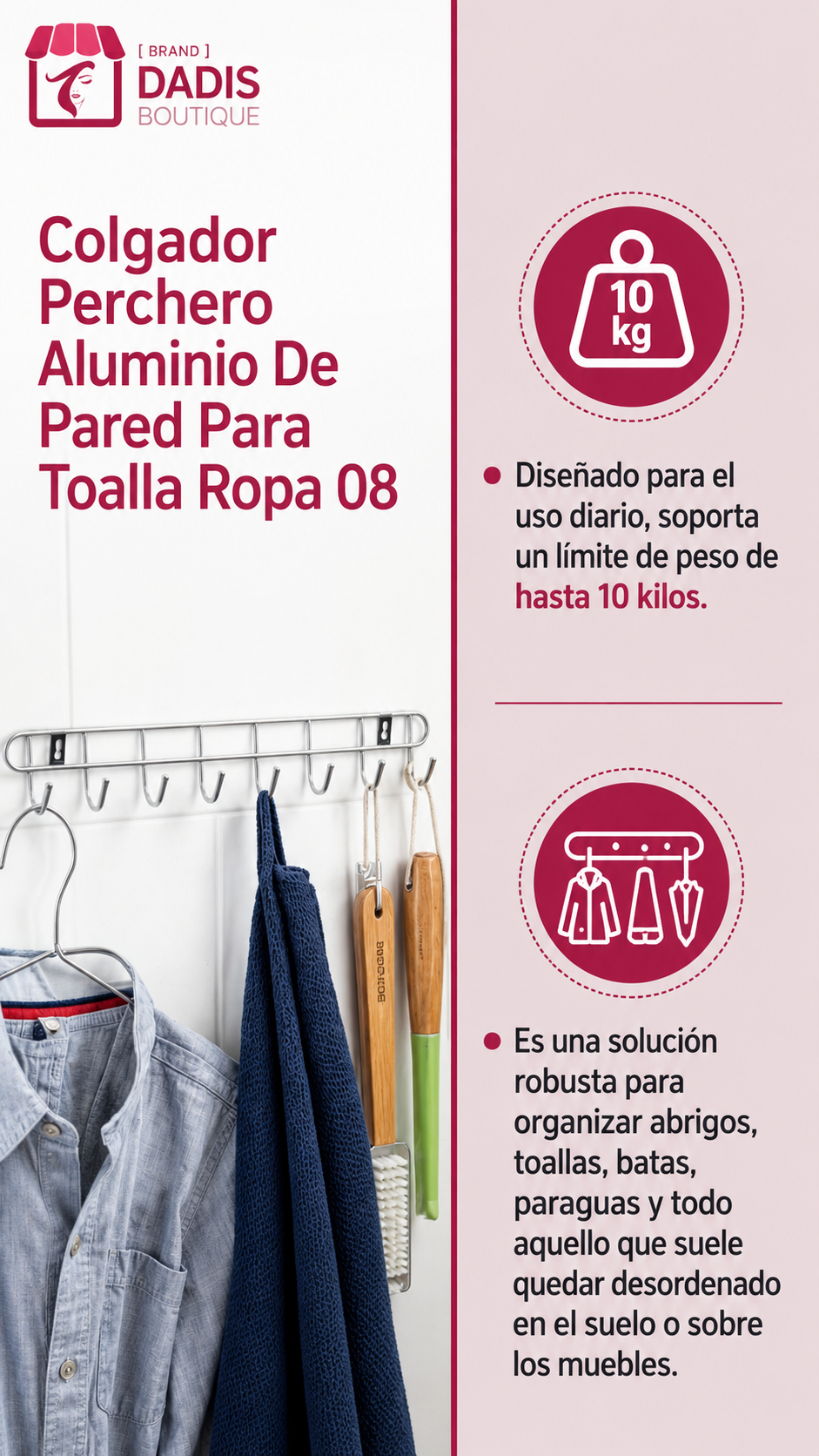 Colgador Perchero Aluminio De Pared Para Toalla Ropa 08-3