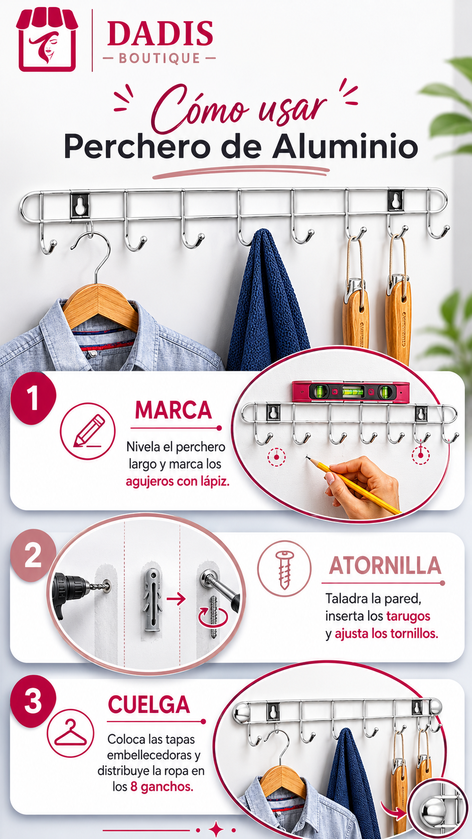 Colgador Perchero Aluminio De Pared Para Toalla Ropa 08-4