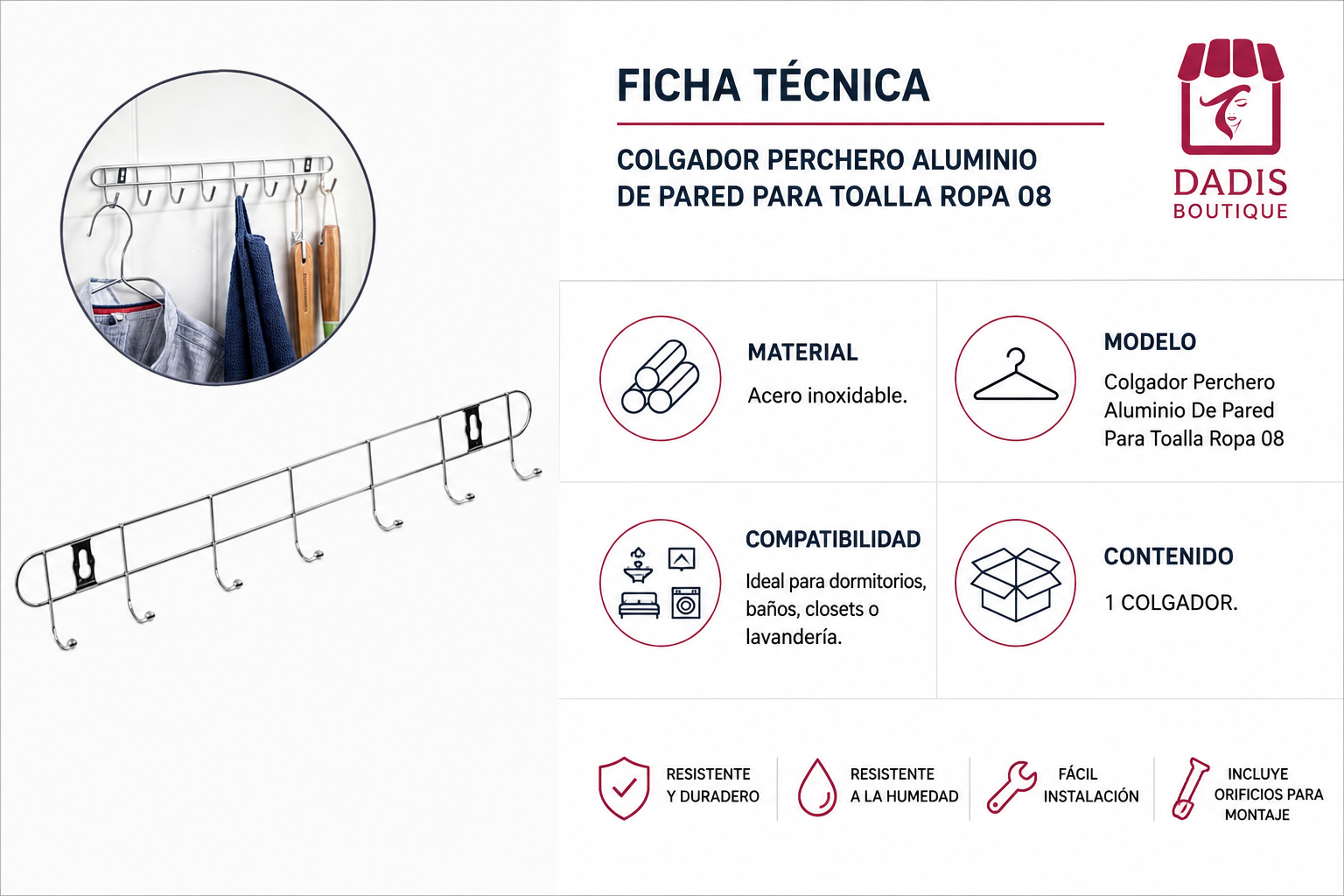 Colgador Perchero Aluminio De Pared Para Toalla Ropa 08-6