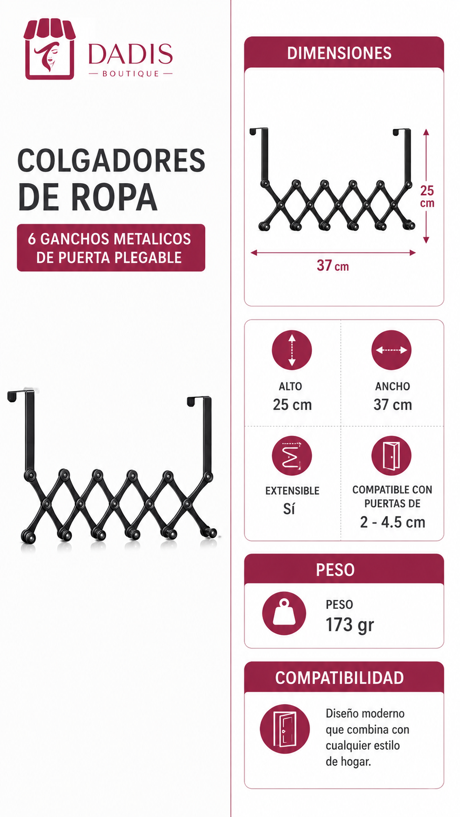 Colgadores De Ropa 6 Ganchos Metalicos De Puerta Plegable-3