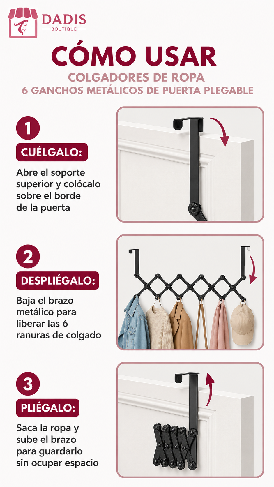 Colgadores De Ropa 6 Ganchos Metalicos De Puerta Plegable-5