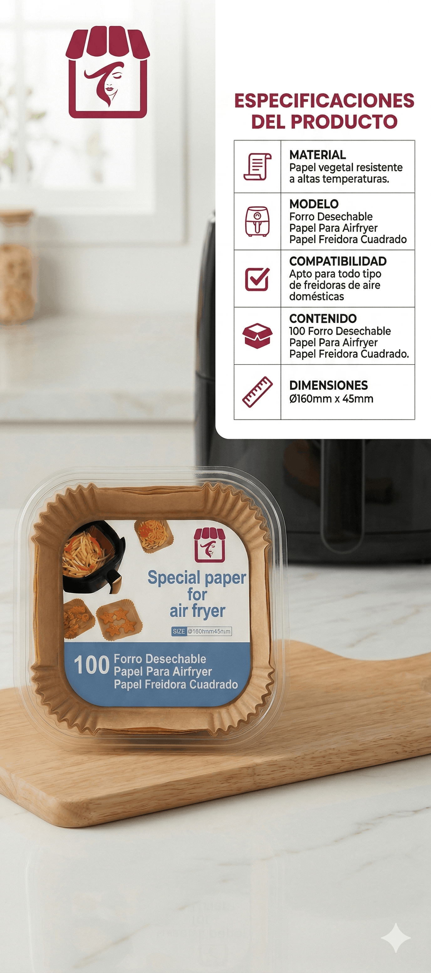 Pack 200 Forro Airfryer Pergamino 16cm Cocina Limpia Cuadrad-2