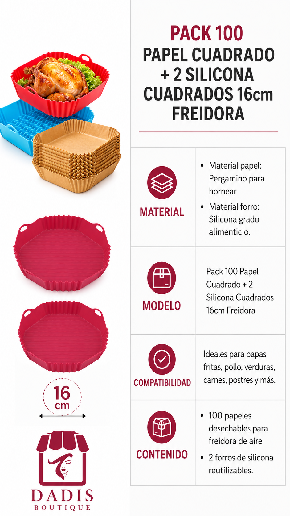 Pack 100 Papel Cuadrado 2 Silicona Cuadrados 16cm Freidora-2