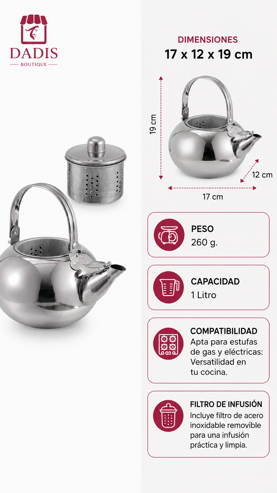 Tetera Acero Inoxidable Tetera Te Tetera Infusion 1 Lts-2